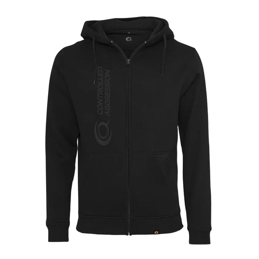 Zip Gym Hoodie with black on black print of controlled aggression logo and the pride in my passion emblem