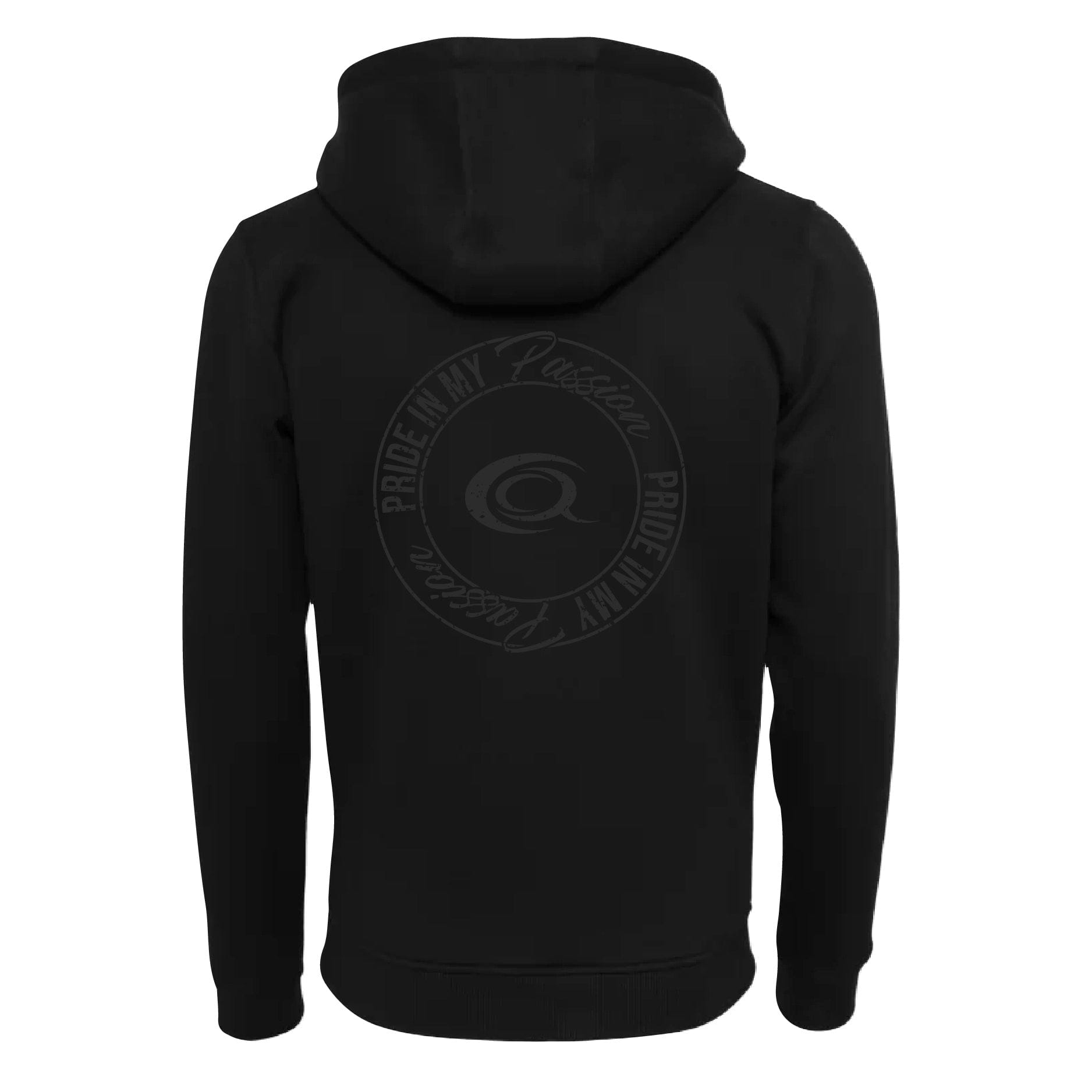 Zip Gym Hoodie with black on black print of controlled aggression logo and the pride in my passion emblem